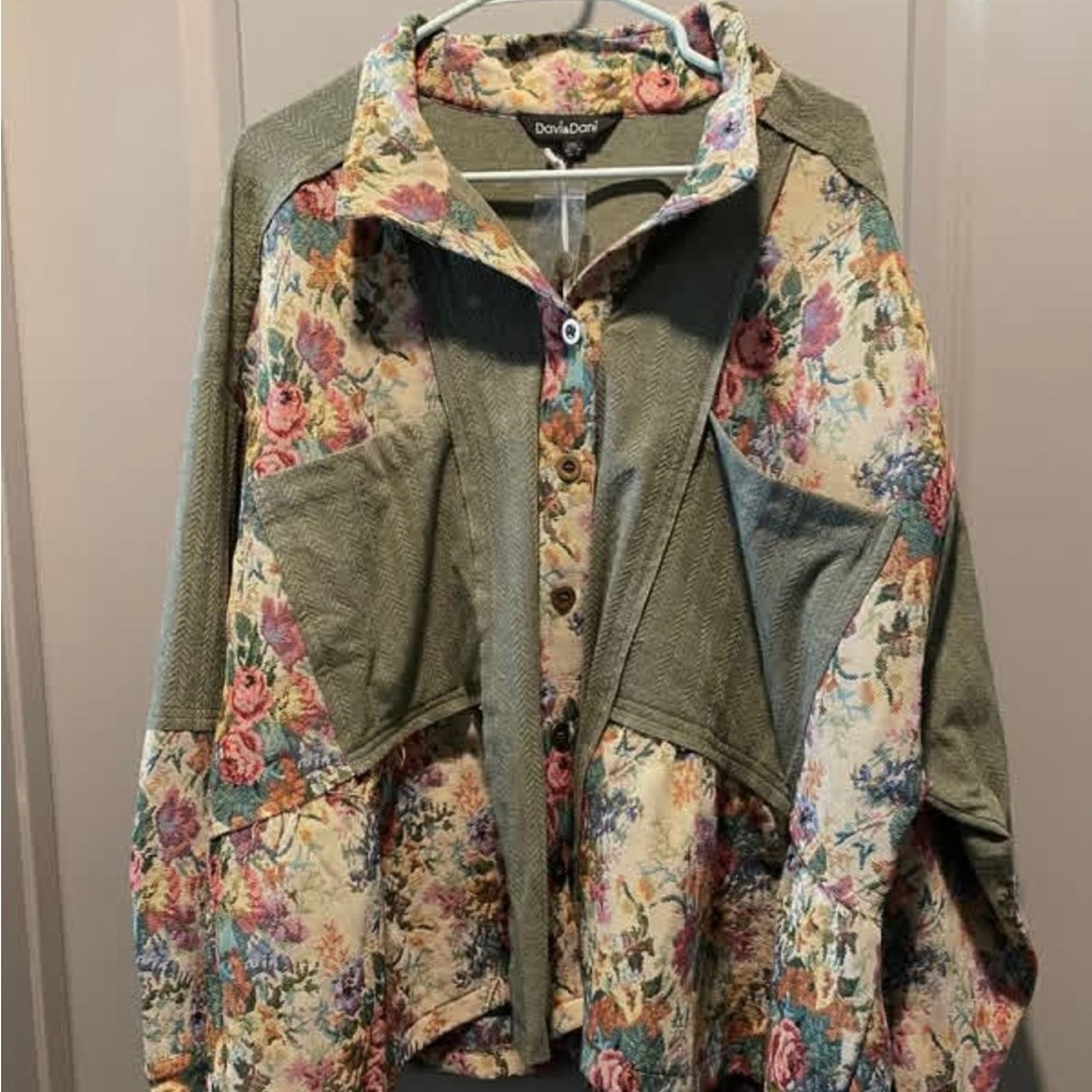 Davi & Dani Floral Patchwork Shacket Jacket 2X Olive Boho Cottagecore NWT - Picture 2 of 5